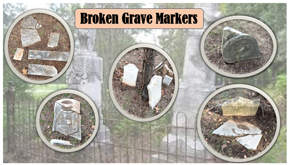 Broken grave markers at Preston Bend cemetery