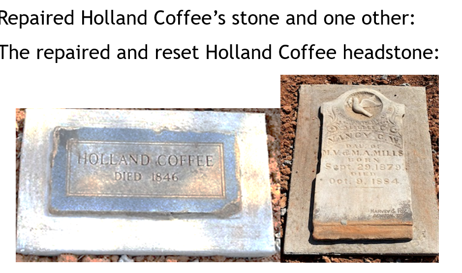 Holland Coffee grave stone restored and example of other restored marker