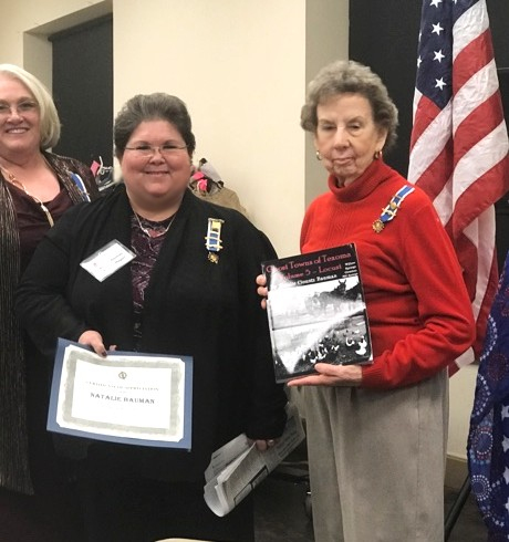 Regent Vicki McComack, Speaker and Vice Regent Natalie Clountz Bauman, Librarian Beth Bowling