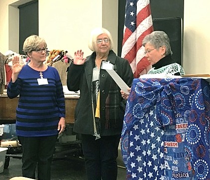 New members:  Raye Nilius and Sherry Collins with Chaplain Gay Hilbert.